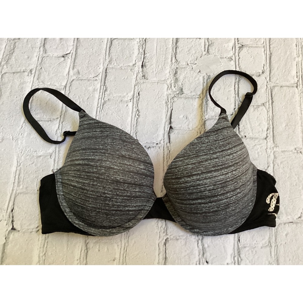 Victorias Secret PINK Wear Everywhere Push Up Bra 34C Gray Space Dye Black Logo